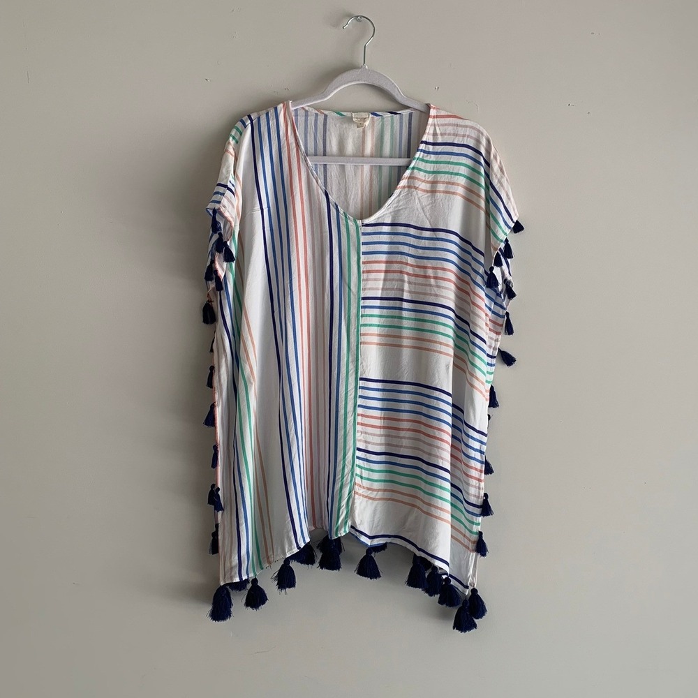 Surf Gypsy‎ Womens Striped Tassel Trim Beach Cover Up Kaftan White S